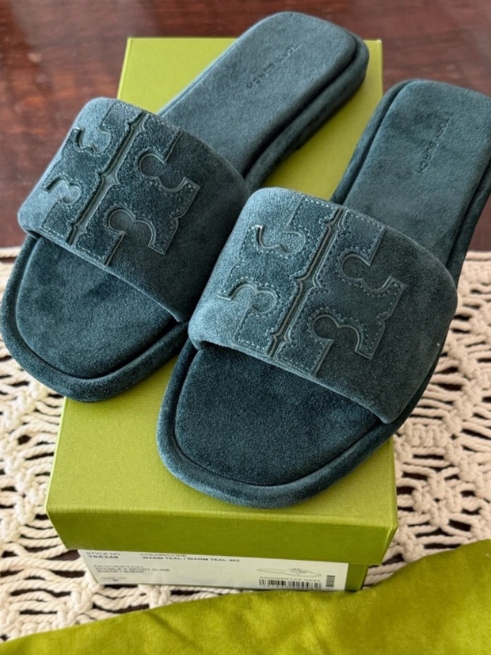 NWT Tory Burch Suede Slide Sandals with Double-T Logo in Warm Teal Size 7.5